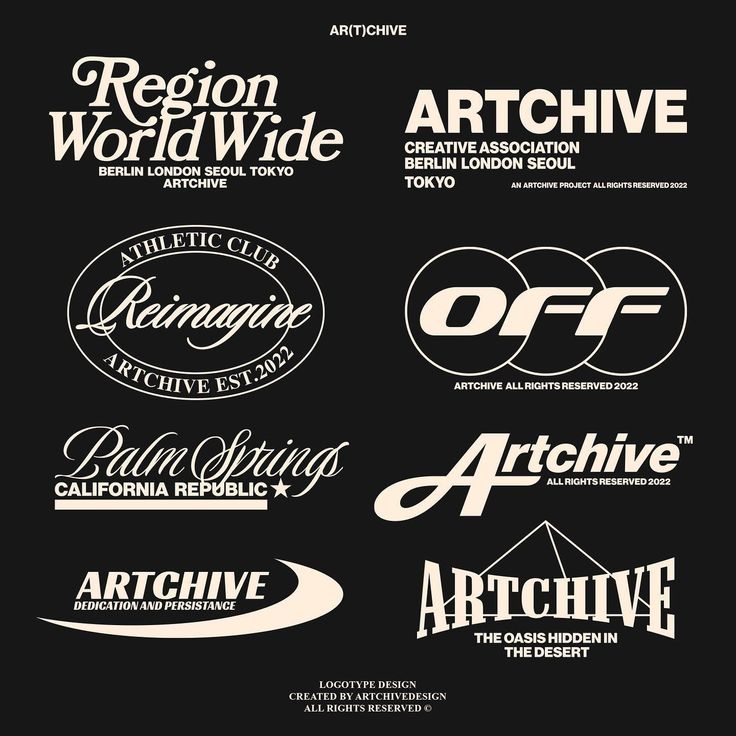 some type of logos that are in different styles and sizes, all on black background