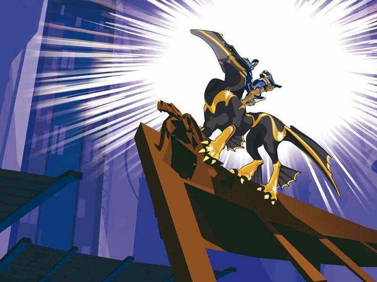 an animated image of a black and yellow dragon standing on a bridge with buildings in the background