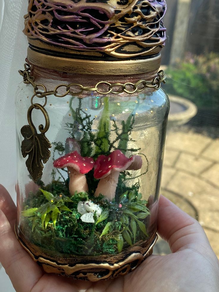 a hand holding a glass jar filled with plants and mushrooms