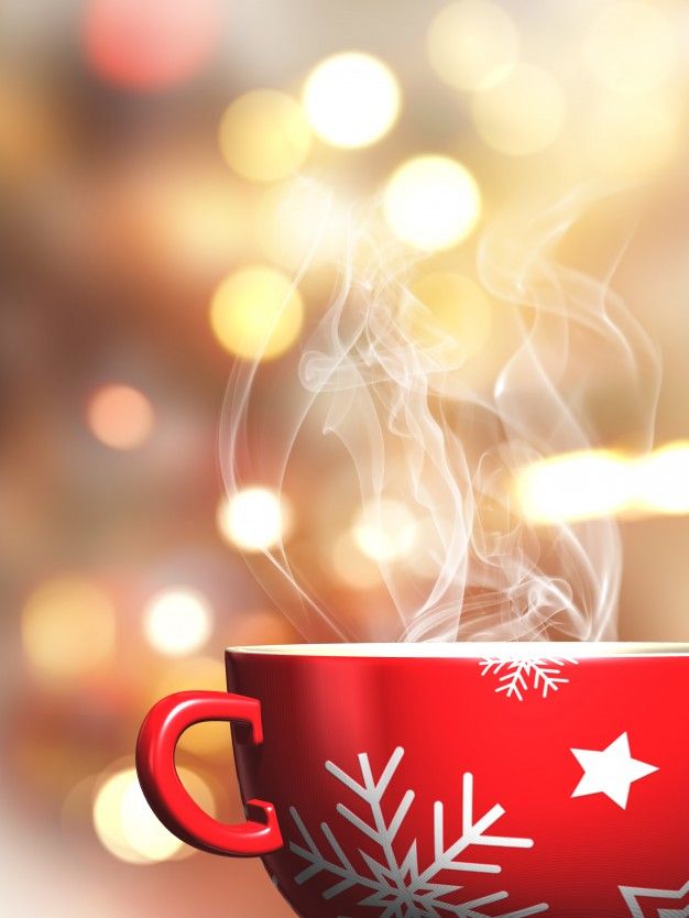 a red coffee cup filled with steam and snow flakes