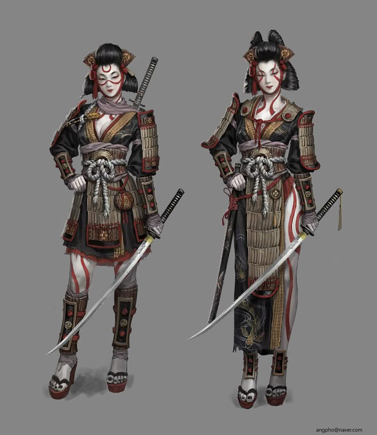 an image of a woman with two swords in her hand and wearing geisha clothing