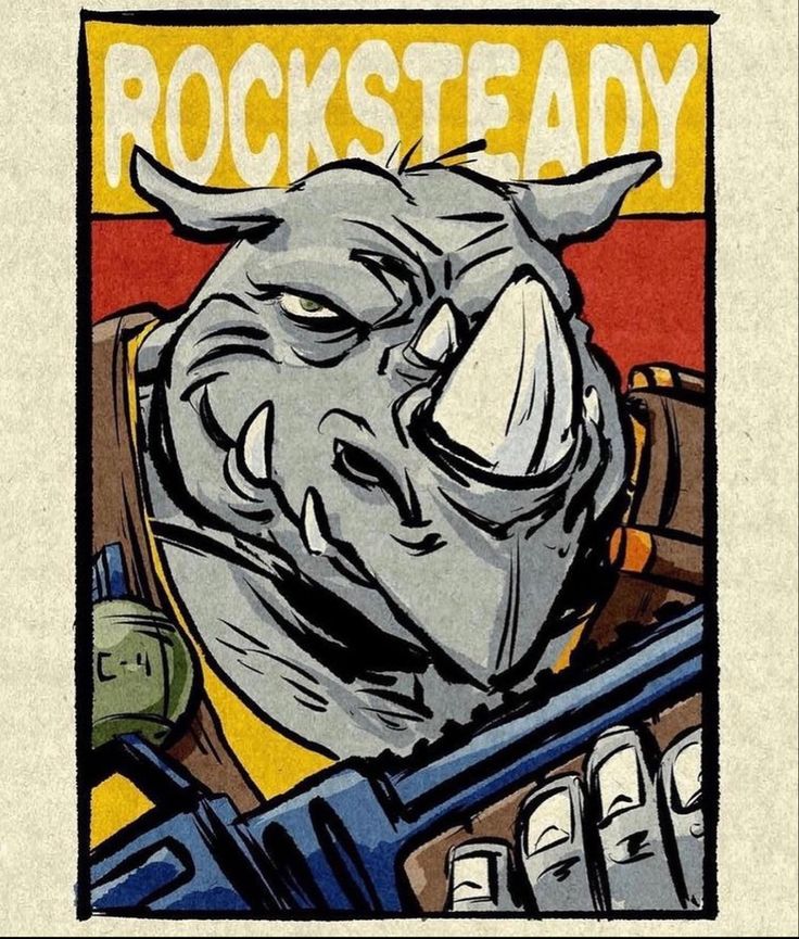 a drawing of a rhino with the words rocksteady on it's face