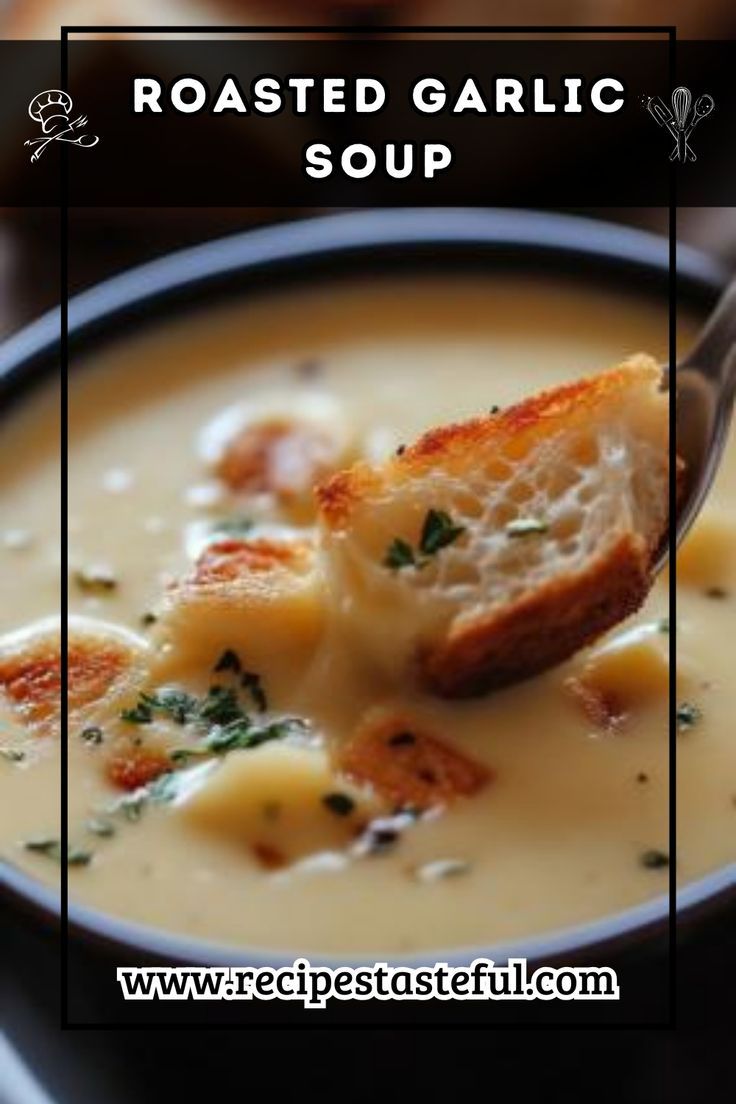 a bowl of roasted garlic soup with bread on the side and a spoon in it