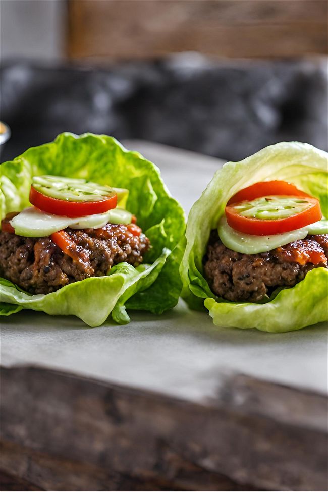 two lettuce wrapped burgers with tomatoes and cucumber on top, sitting on a table