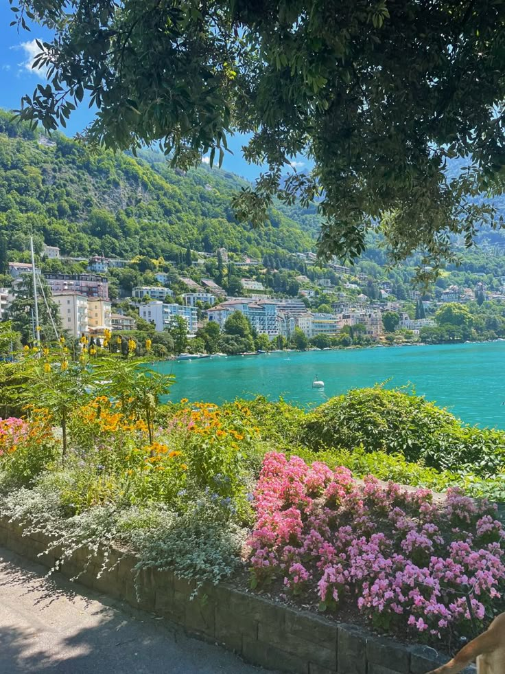 there is a dog that is sitting on the bench looking at the water and flowers