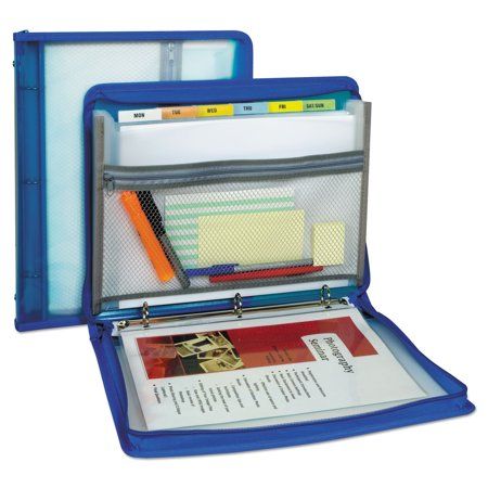 two blue folders are open on top of each other, with papers and pencils in them