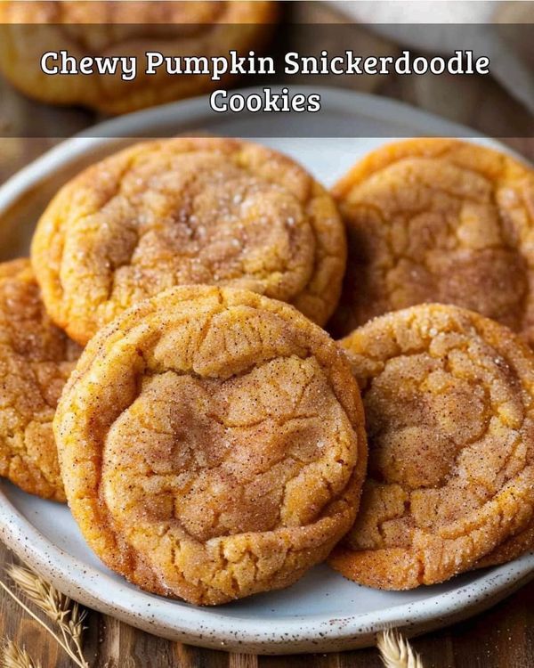 chewy pumpkin snickkerdoodle cookies on a plate with text overlay