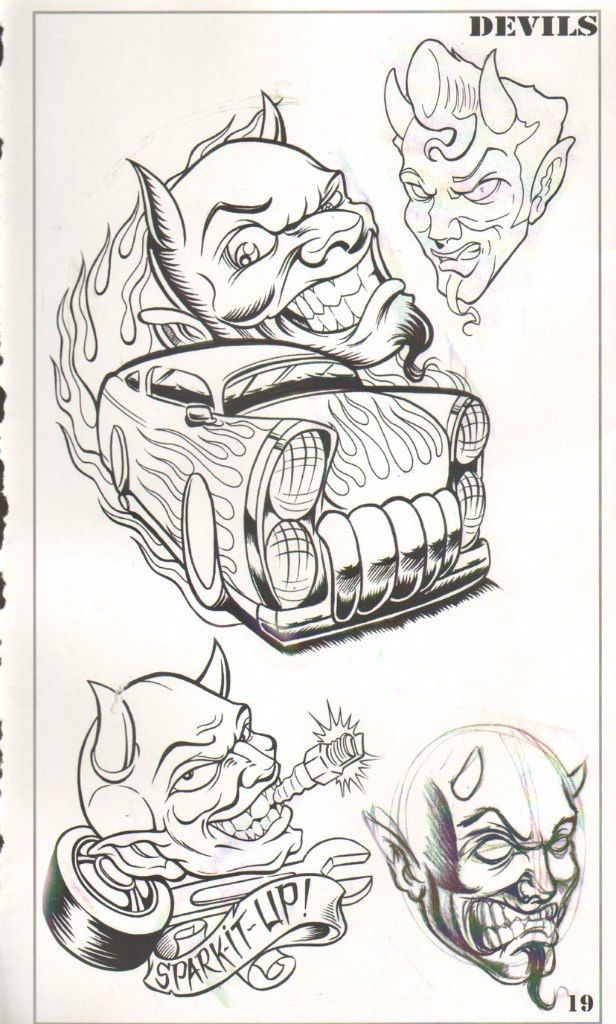 an old school tattoo design for devil's car and demon head on the front