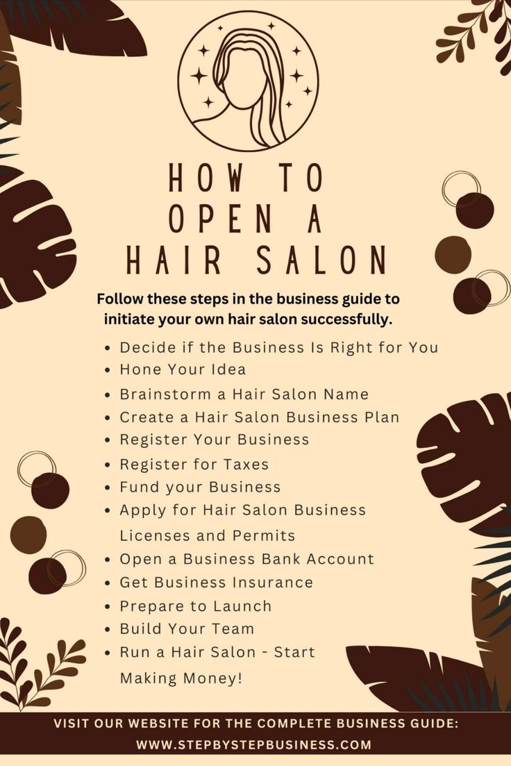 the flyer for how to open a hair salon with palm leaves and flowers on it