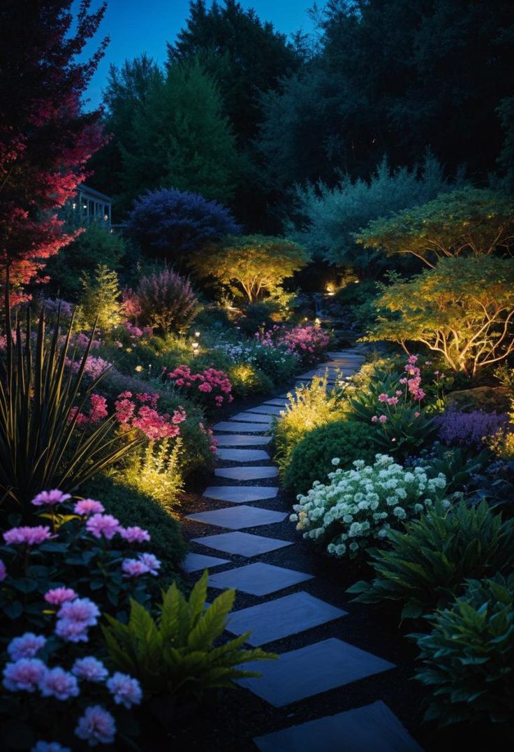 a pathway lit up with lights in the middle of a flower garden at night, surrounded by trees and shrubs