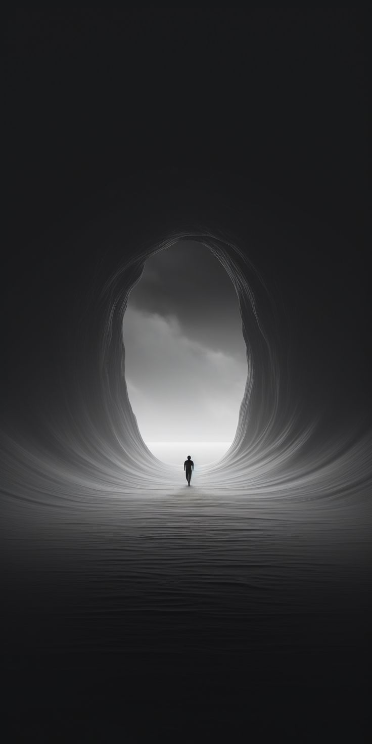 a person standing in the middle of a dark tunnel with light coming from it's end