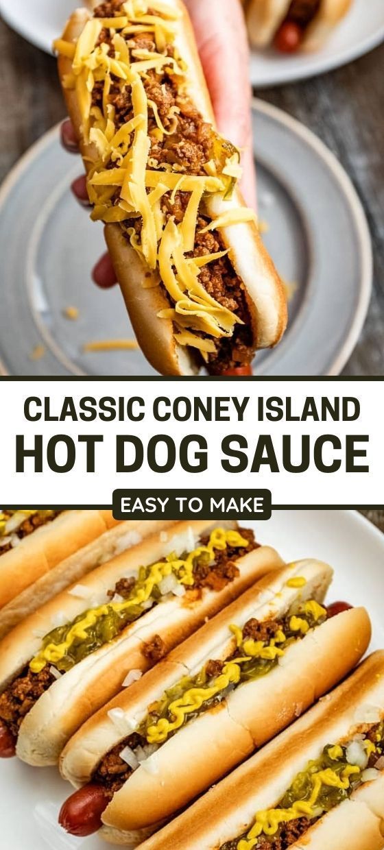 there are many hot dogs with toppings on them and the words classic coney island hot dog sauce easy to make