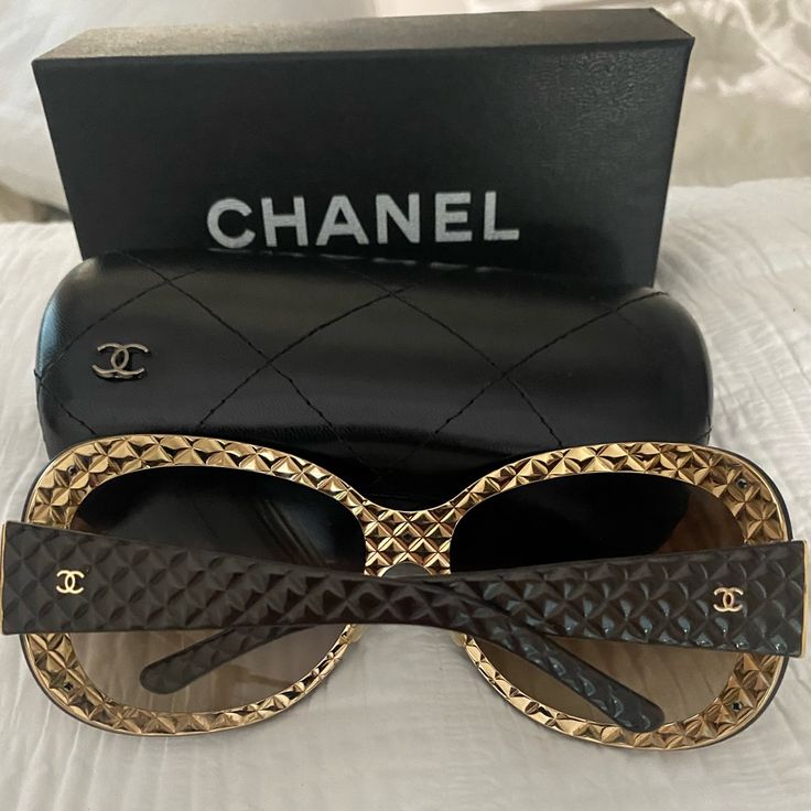 Chic Oval Shaped Gold-Tone Brown Quilted Chanel Sunglasses With Cc Logos On The Hinges Comes In Original Chanel Box, Case, And With Sunglass Cleaning Cloth! Pre-Owned In Perfect Condition. They Have Been Worn Maybe Once And Have Just Sat In The Box My Room As Decoration On My Dresser! Please Refer To Photos Regarding Box Condition As The Bottom Does Have A Few Marks, But Nothing You Can See When It Is Placed Upright. Message Me With Any Questions And Feel Free To Send In Some Offers ! Additional Designer Brown Evening Sunglasses, Vintage Chanel Sunglasses, Best Casual Dresses, Chanel Box, Chanel Inspired, Chanel Chanel, Chanel Sunglasses, Boxing Conditioning, Chanel Accessories