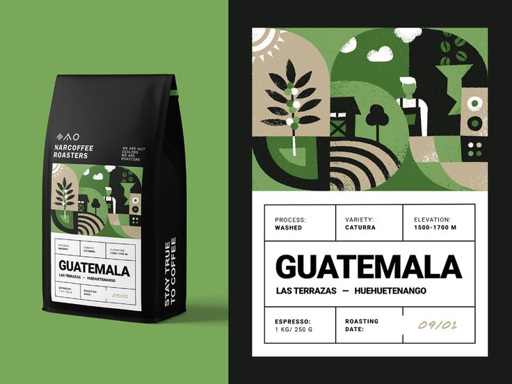 a bag of guatemala coffee sitting next to a green and black package with the words guatemala on it