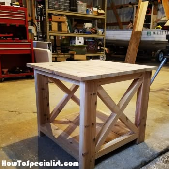 a table made out of wood in a garage