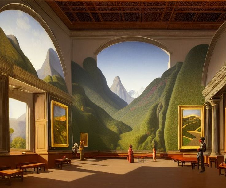 an artist's rendering of a large room with paintings on the wall and people standing in it