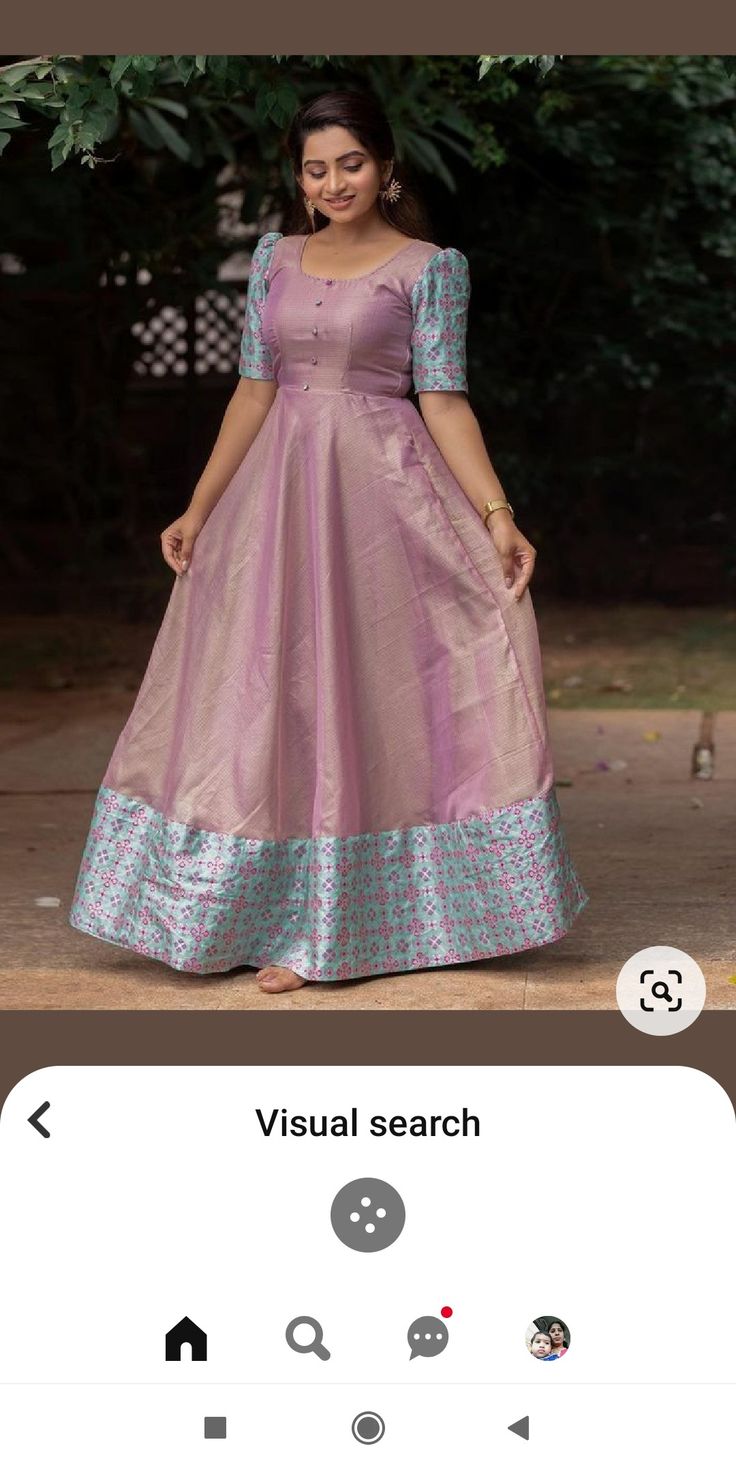 Saree To Long Gown, Pattu Long Frock Models For Women, Maxi Dress Models For Stitching, Puff Hands Designs For Long Frocks, Pattu Maxi Dress, Long Frock Stitching Ideas, Traditional Maxi Dress Indian, Long Frock Models Traditional, Long Frock Ideas Indian Style