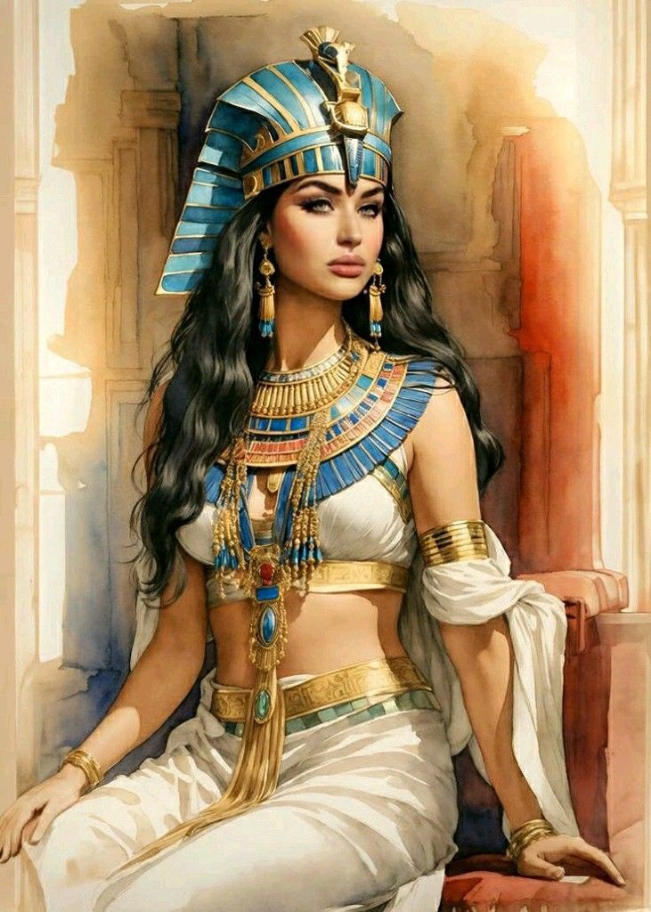 an egyptian woman with long black hair and blue headdress