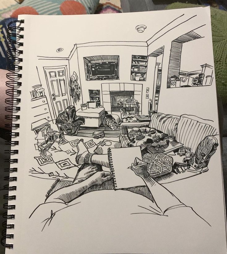 a drawing of a living room with couches and a fire place in the corner