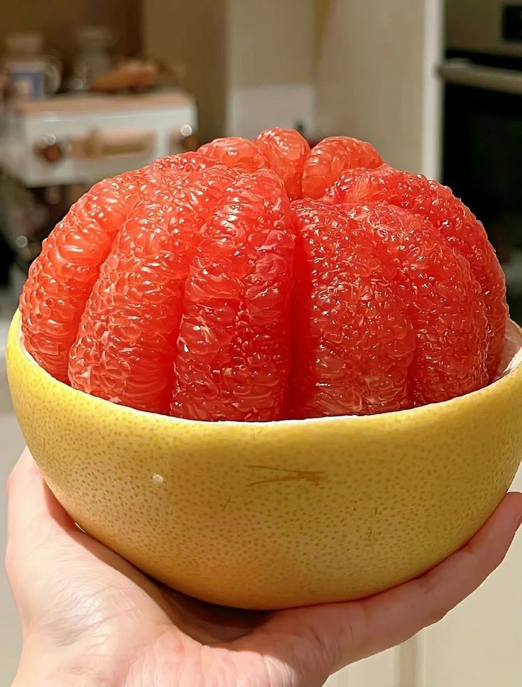 a hand holding a bowl filled with oranges