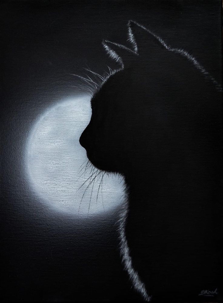 a painting of a black cat with the moon in the background and its face partially obscured by it's shadow