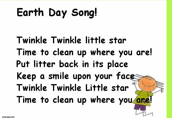 the poem earth day song is written in green and white, with an image of a child