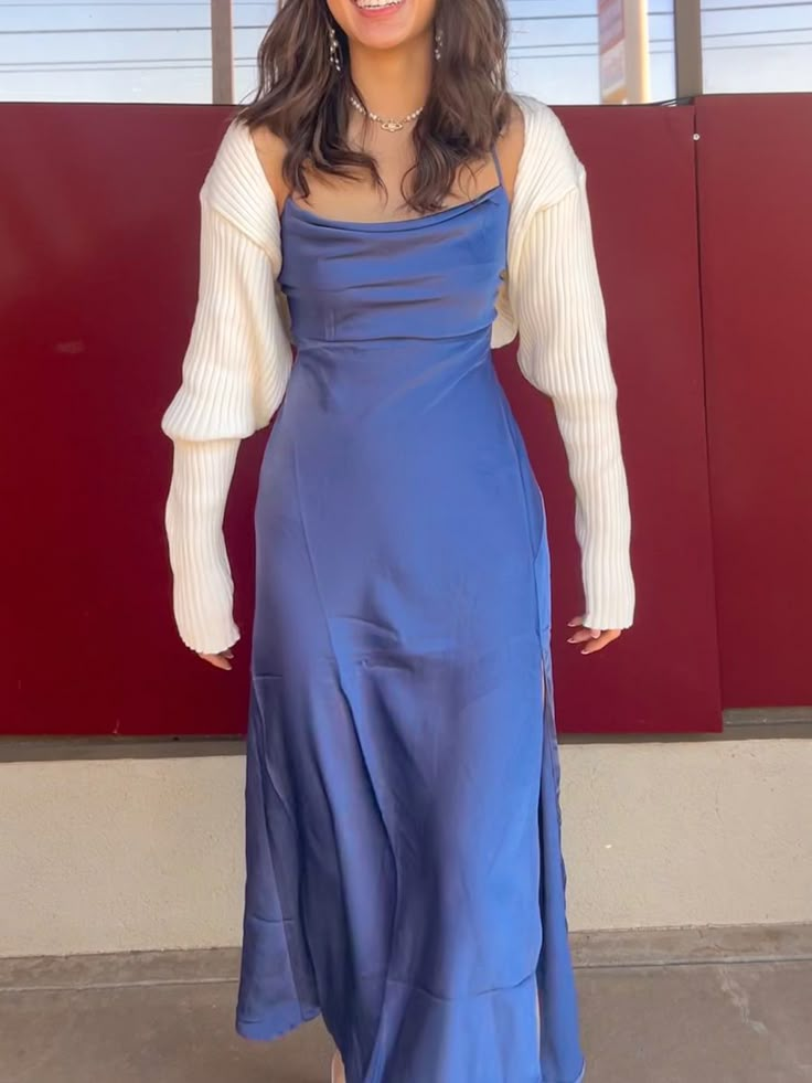 Shrug Dress Outfit, Prom Dress With Shrug, Midi Dresses Aesthetic, Satin Dresses With Cardigan, Periwinkle Aesthetic Outfit, Satin Dress With Cardigan Outfit, Purple Silk Dress Outfit, Prom Dress Cardigan, Blue Outfit Birthday