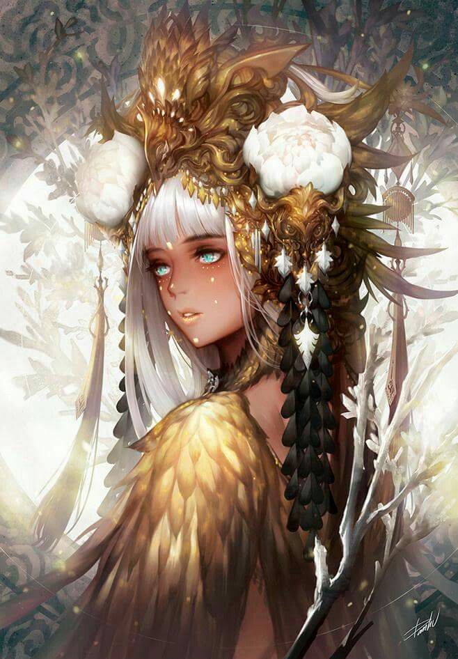 an anime character with white hair and flowers on her head