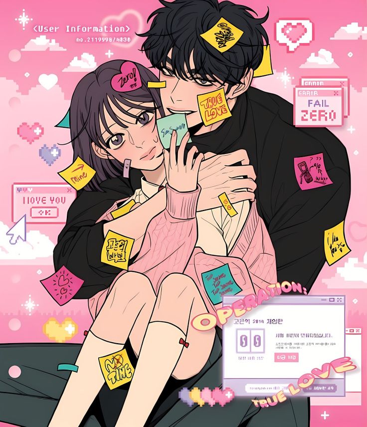 two people are hugging each other in front of a pink background with stickers on it