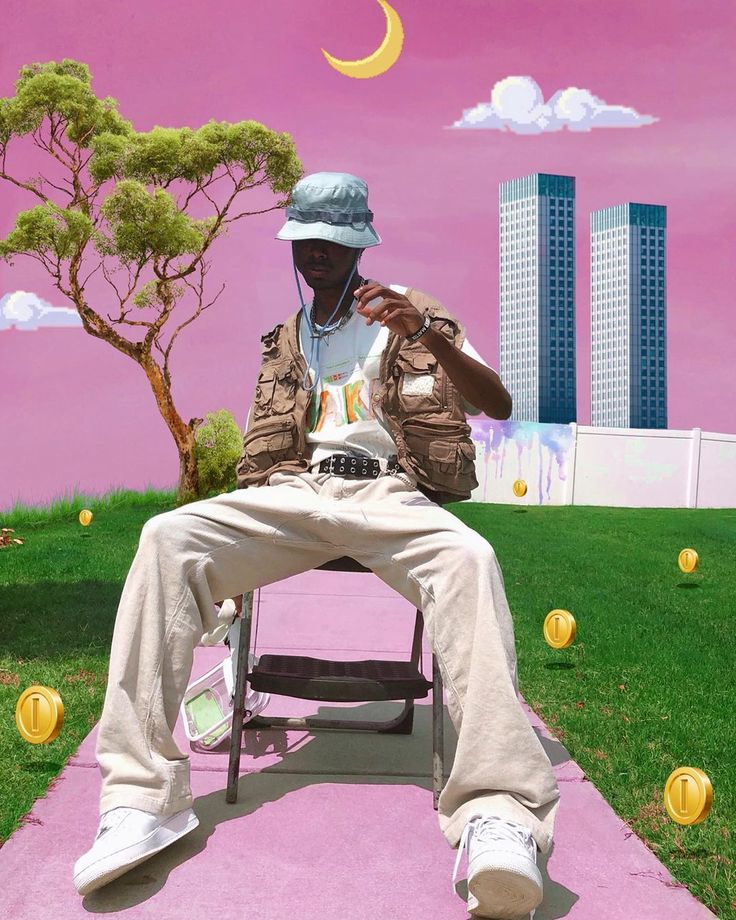 a man sitting on top of a chair in front of a pink sky with yellow balls