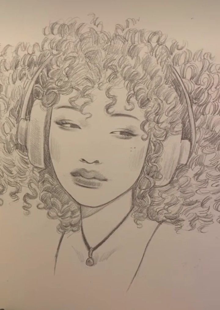 a drawing of a woman with headphones on her face and curly hair is shown