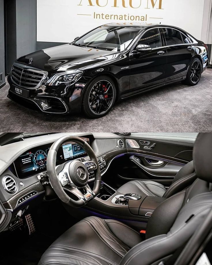 the inside and outside view of a black mercedes benz s - class car, which is on display at an auto show