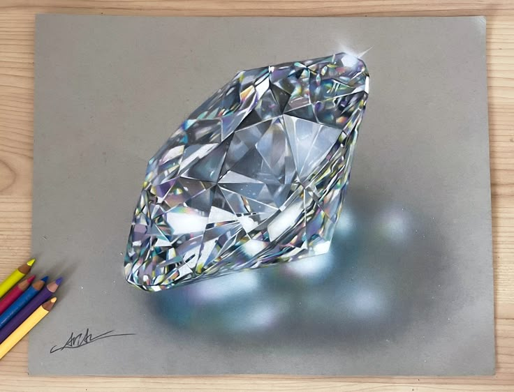 a drawing of a diamond with colored pencils next to it