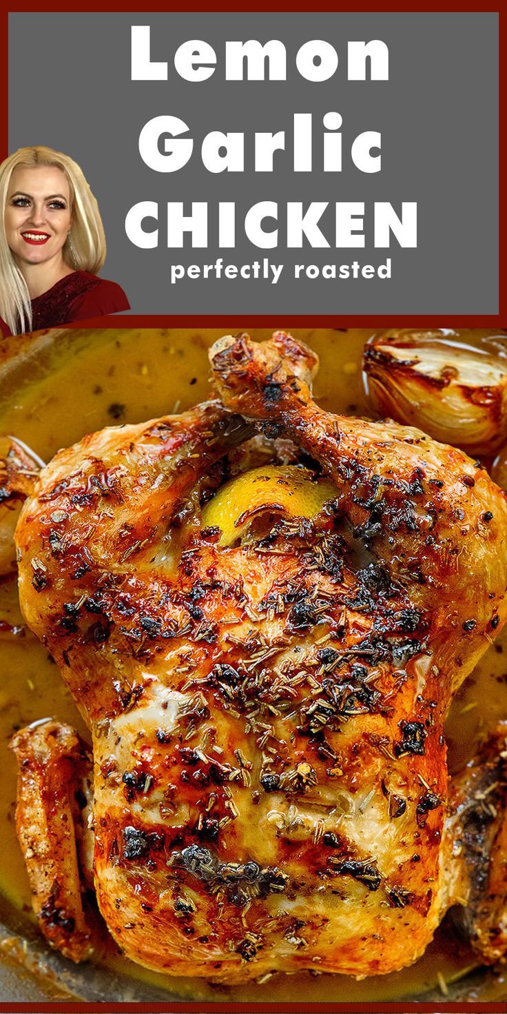 Tender and juicy Lemon Garlic Roast Chicken with crispy skin, big on flavour and easy to make! Garlic, onions, lemons, olive oil, fresh herbs...This is seriously  incredible roast chicken recipe! Garlic Roast Chicken, Dinner Ideas Salmon, Garlic Roasted Chicken, Garlic Rosemary Chicken, Garlic Roast, Whole Baked Chicken, Malai Chicken, Lemon Roasted Chicken, Recipes Crockpot Chicken