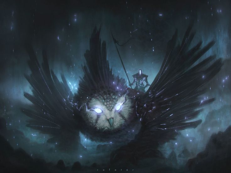 an owl with large wings flying through the air in front of a sky filled with stars