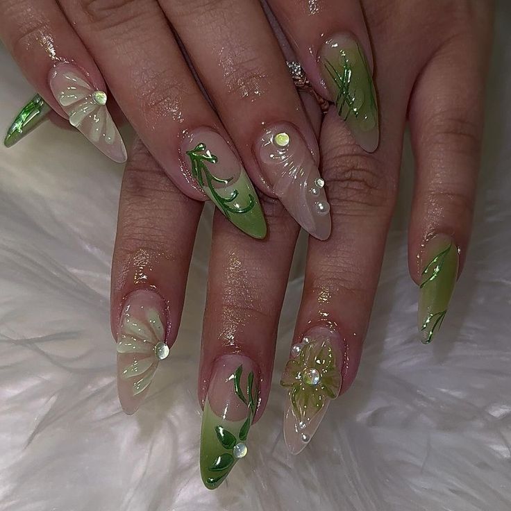 mariana ⋆ ୭ৎ ⋆｡˚ ⋆ | so earthy 🍃 inspo @shynebychelle @amys.clients #nails #nailinspo #naildesign #nailideas #chromenails #greennails #3dnailart #3dnails… | Instagram Green Theme Nails Acrylic, Green 3d Nail Art, Green Gel X Nail Designs, 3dnails Acrylics, Earthy Almond Nails, Green 3d Nails, Acrylic Nail Designs Green, Green Almond Nails Designs, Almond Green Nails