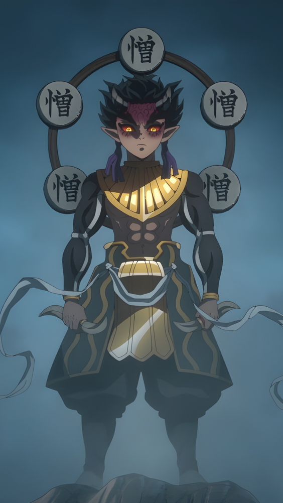 an anime character standing in front of a dark background with chinese characters on it's shoulders