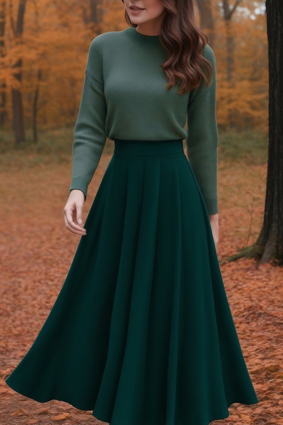 Skirts Outfits For Winter, Long Dark Skirt Outfit, Dark Green Maxi Skirt Outfit, Long Skirt For Fall, Long Skirts And Sweaters Outfit, Fall Long Skirts, Timeless Feminine Outfits, Dark Blue Skirt Outfit Ideas, Green Skirt Outfit Winter