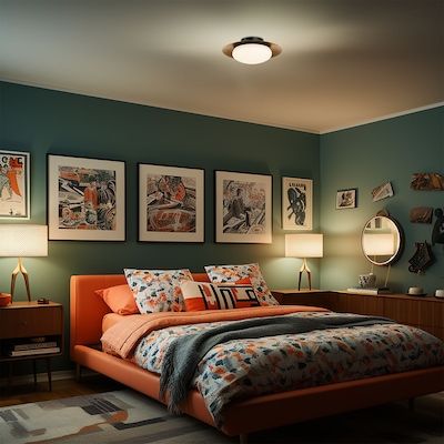 a bed room with a neatly made bed and pictures hanging on the wall above it