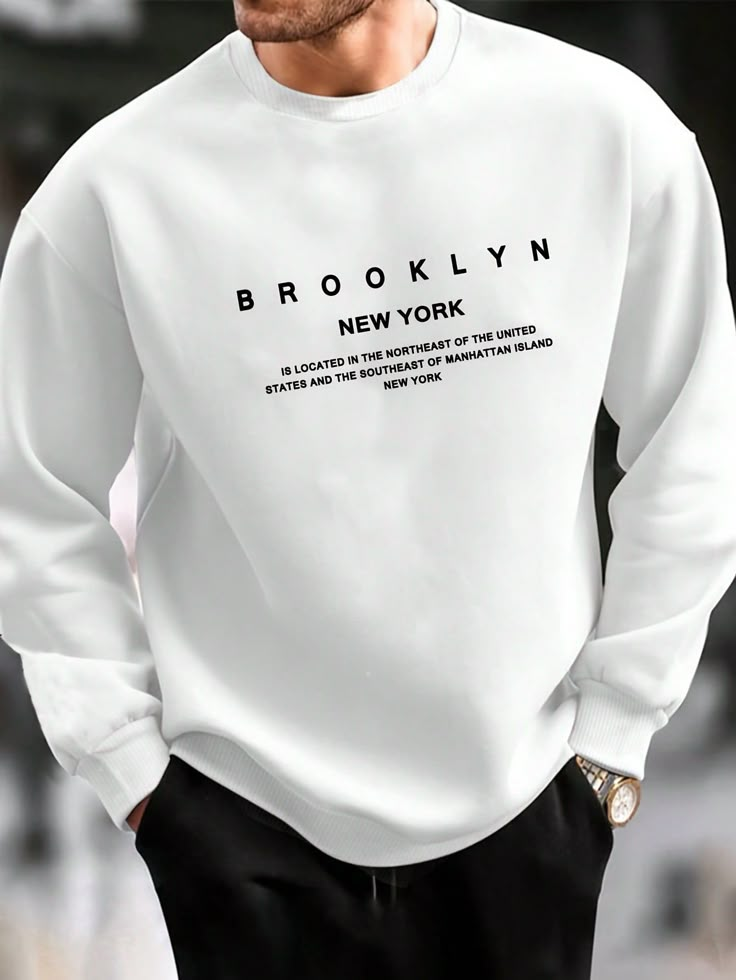 White Casual Collar Long Sleeve Knitted Fabric Slogan  Embellished Slight Stretch  Men Clothing Sweatshirt Designs Ideas, Blue Suit Men, Men Sweatshirts, Trendy Shirt Designs, Tshirt Printing Design, Stylish Hoodies, Men Stylish Dress, Guys Clothing Styles, Men Sweatshirt