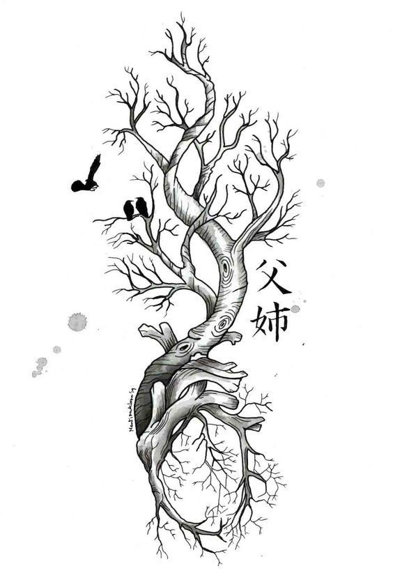 a drawing of a tree with branches and birds flying around it, in chinese writing