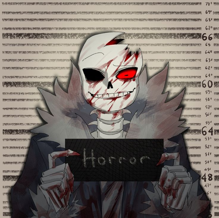 a drawing of a skeleton holding a sign that says horror on the bottom right hand corner