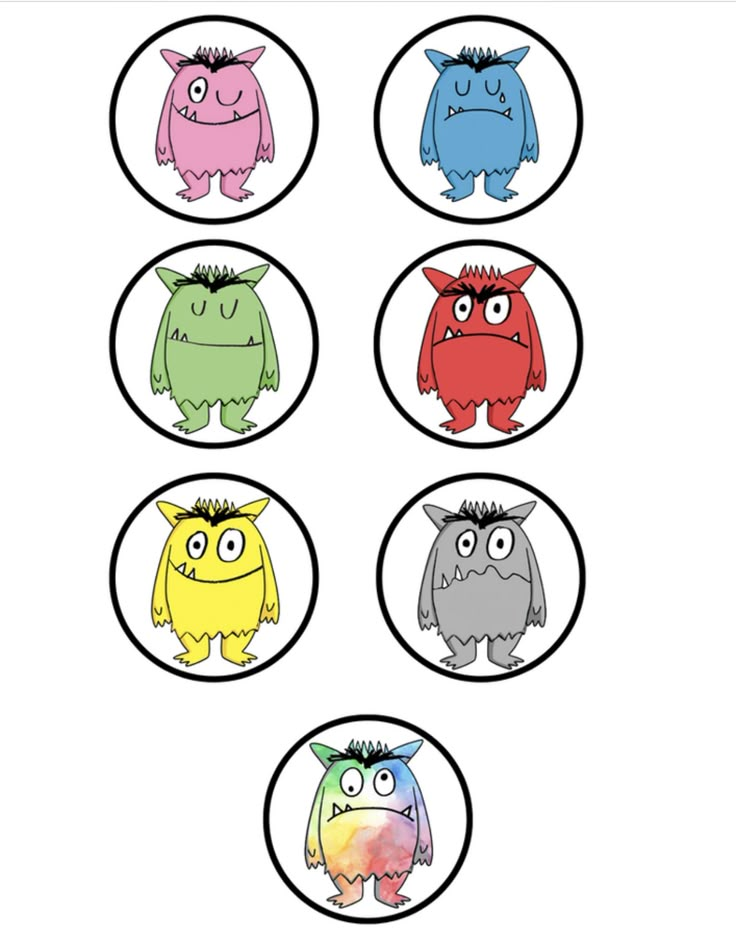 four different colored monsters in circles with the words monster on each one, and two smaller ones