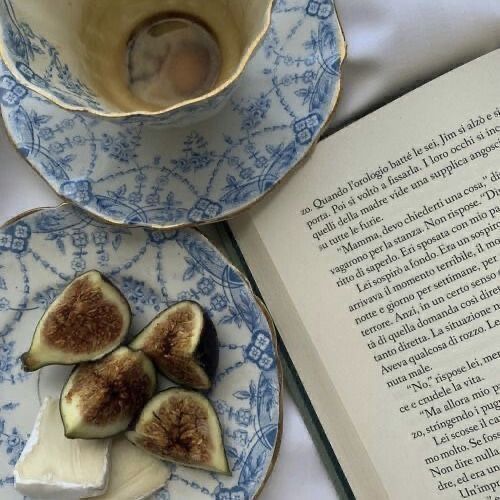 an open book and two plates with figs on them