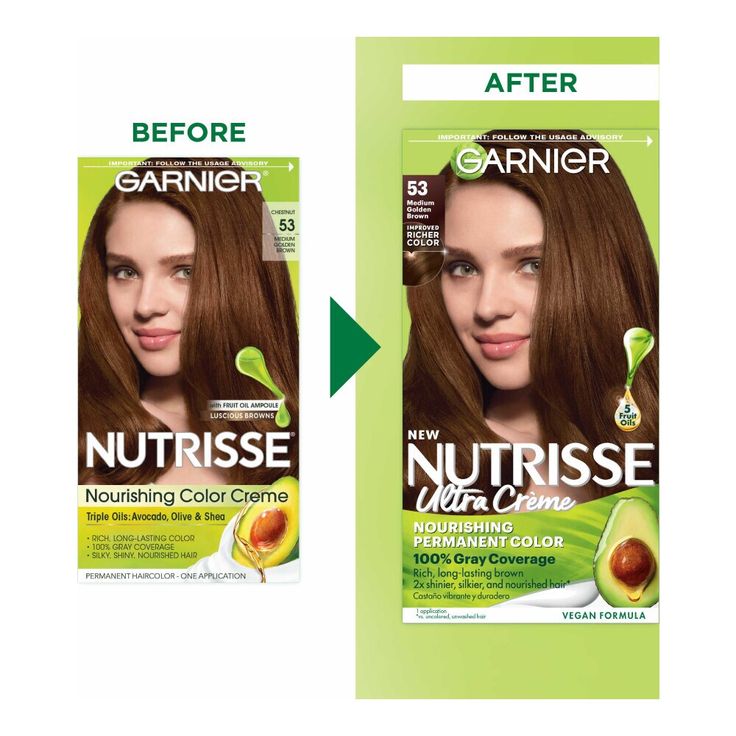 Garnier Nutrisse Ultra Crème Nourishing Permanent Color nourishes while delivering long-lasting hair color and 100% gray coverage. Garnier Nutrisse Nourishing Hair Color Creme, 53 Medium Golden Brown (Chestnut), 1 kit; Nourishing permanent color with five nourishing oils; avocado, olive, coconut, argan and shea 2x shinier, silkier and nourished hair vs uncolored, unwashed hair Rich, radiant, long-lasting hair dye with 100 percent gray coverage Nutrisse is available in over 70 cruelty free and ve Golden Brown Hair Dye, Ash Brown Hair Dye, Brown Sugar Hair, Garnier Hair Color, Hair Color Brown Chestnut, Almond Creme, Medium Ash Brown, Beautiful Highlights, Medium Golden Brown