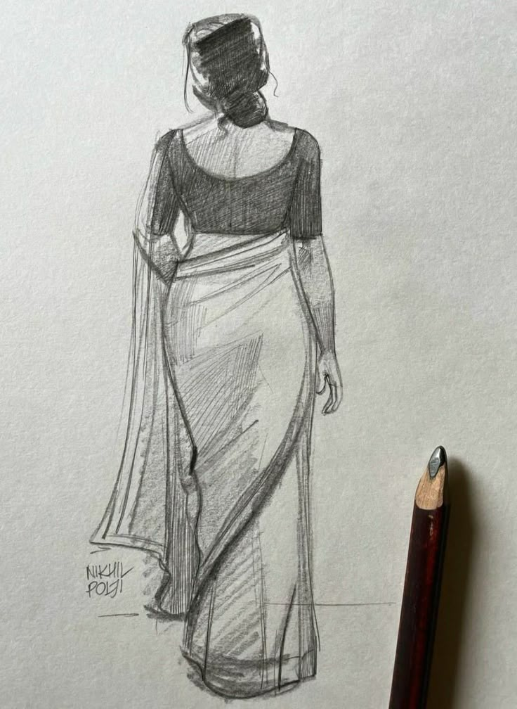 a pencil drawing of a woman in a dress