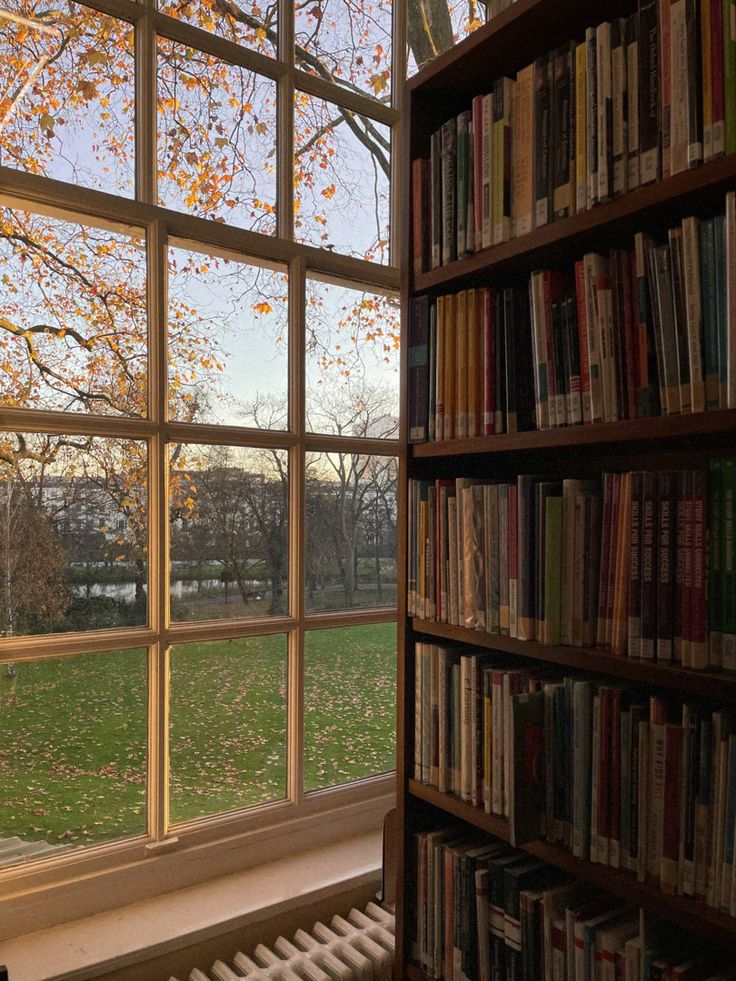 a book shelf filled with lots of books next to a window covered in fall leaves