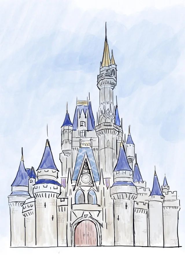 a drawing of a castle with blue turrets