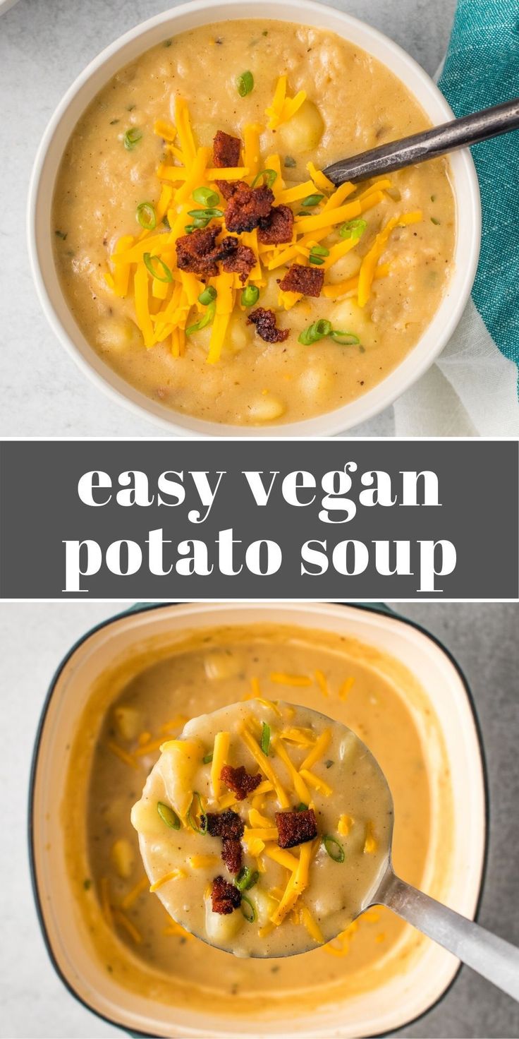 two bowls filled with potato soup and topped with cheesy toppings on top