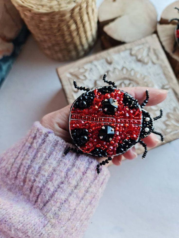 Ladybug Brooch, Bug Brooch, Insect Brooch, Crystal Lips, Eye Pins, Gift For Husband, Beaded Brooch, Unique Gifts For Her, Jewelry Unique